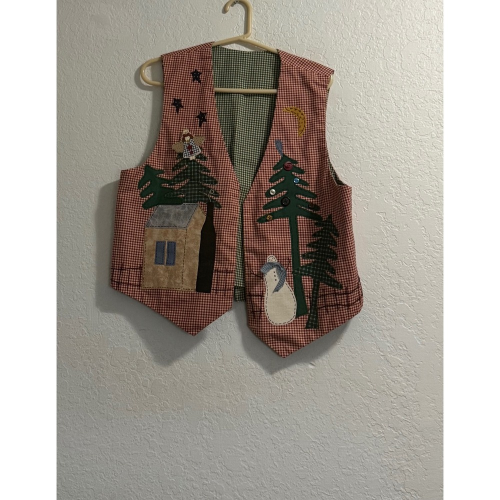Vintage Christmas Gingham Vest Handmade Snowman L Cabin Holiday Red Green Women
